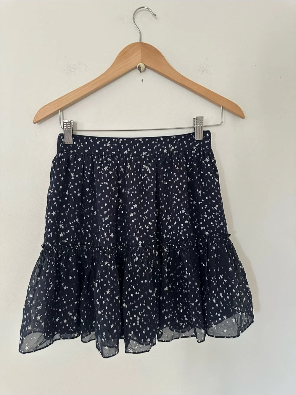 Kate Spade Wmn Night Sky Lurex Dot Stars Navy Silver Ruffle Silk Skirt Sz 0